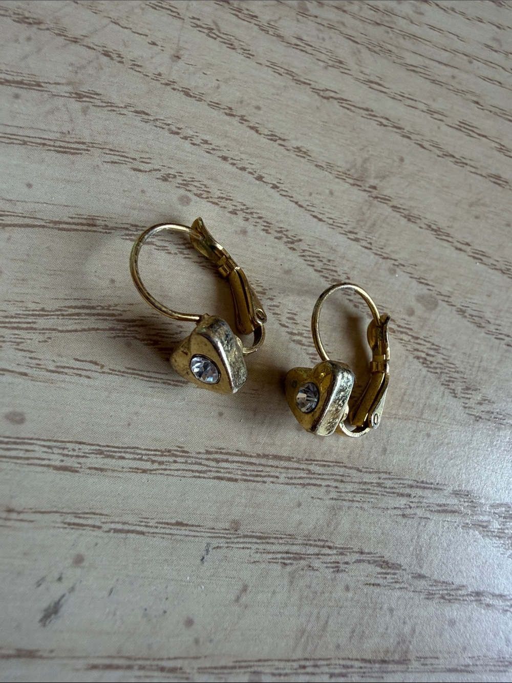 Gold Heart Drop Earrings with Clear Crystal Accent